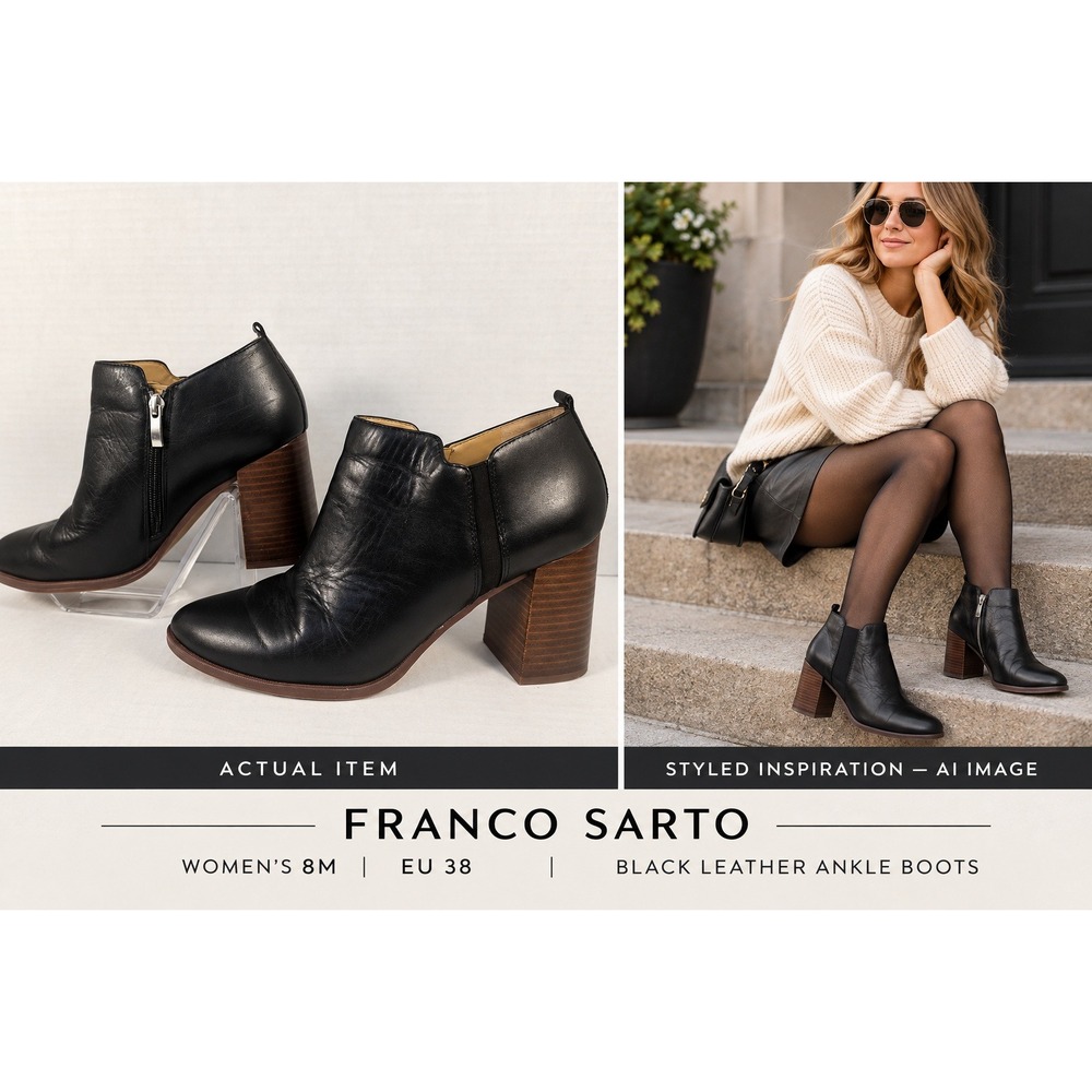 Franco Sarto Dante Black Leather Ankle Boots 9M Block Heel Side Zip Minimalist